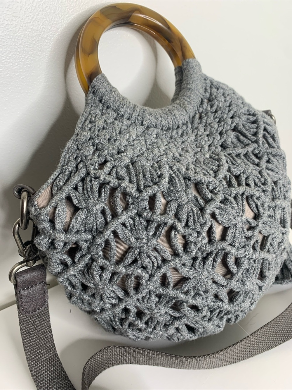 Sak Helena Crochet Circle Handle Crossbody Tortoise Shell Ring Top Handle Gray - Picture 3 of 15